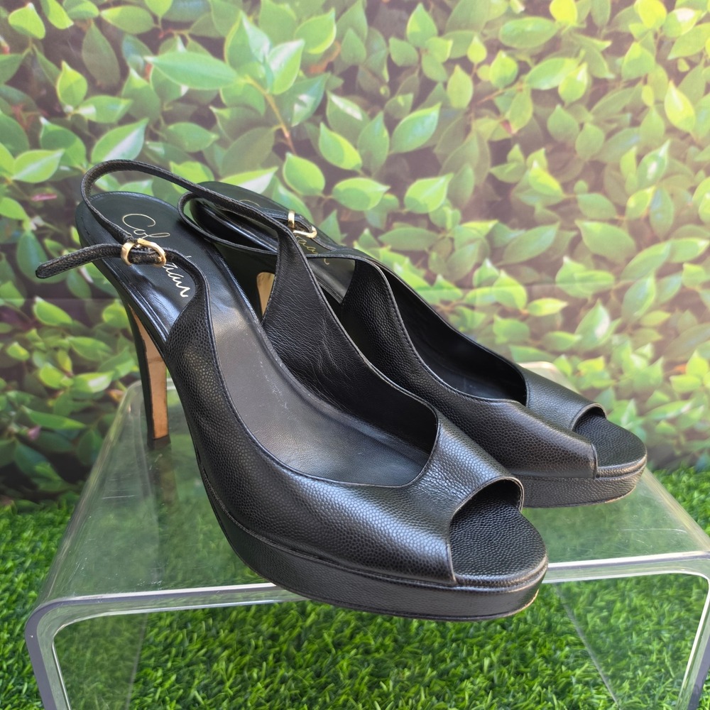 Cole Haan Black Pebbled Leather Peep Toe Slingback Platform Heels 9.5B - Picture 2 of 9